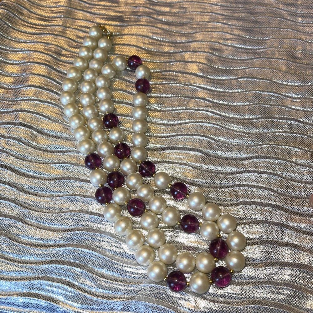 Necklace Faux Pearls & Amethyst Beads W/Gold Tone Spacers